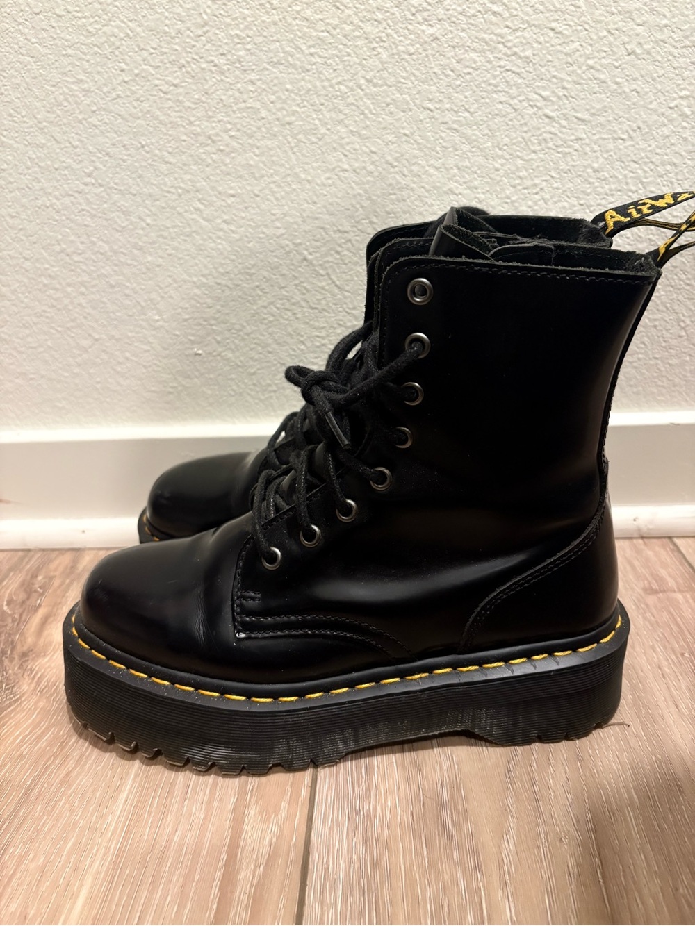 Dr. Martens Black Lace-Up Platform Boots with Yellow Welt